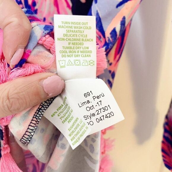 Lilly Pulitzer Mercer Top in Bright Navy Palms Up Reduced Tassel Blue Pink - XXS - Picture 8 of 12